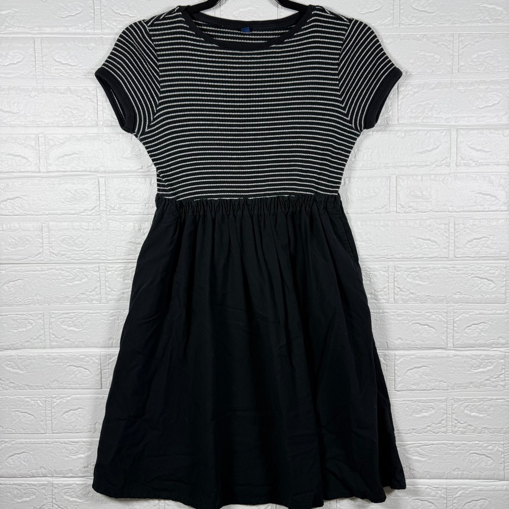 Uniqlo Striped Mixed Media Dress Kids Size 150 Black White Short Sleeve Ribbed